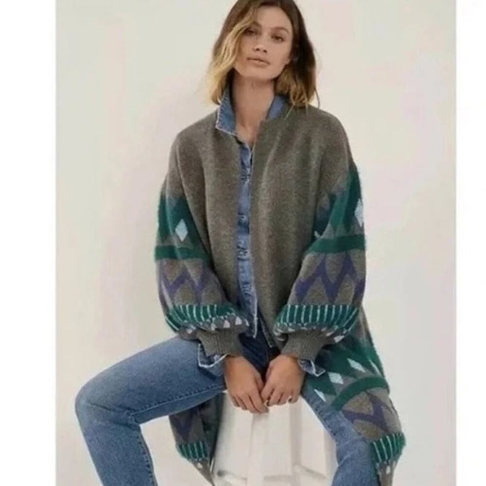 Maeve Anthropologie Kai Cardigan Womens Gray Balloon Sleeves Chunky Knit Duster